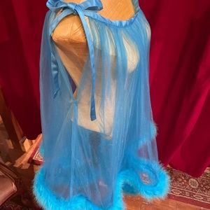 NEW Retro Vintage Style Sheer Teal Nylon Blue Marabou Babydoll Neglige Nightgown